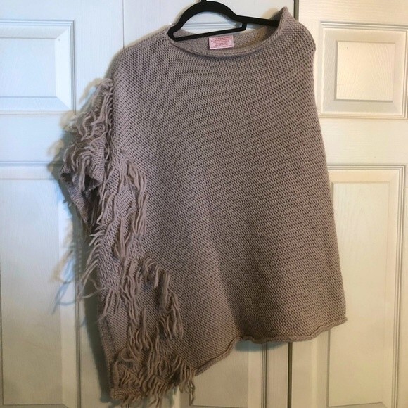 NARDI & TAGLIAFERRI Wool Alpaca Blend Made in Italy Tan Khaki Poncho Fringe OSFM - Picture 1 of 4